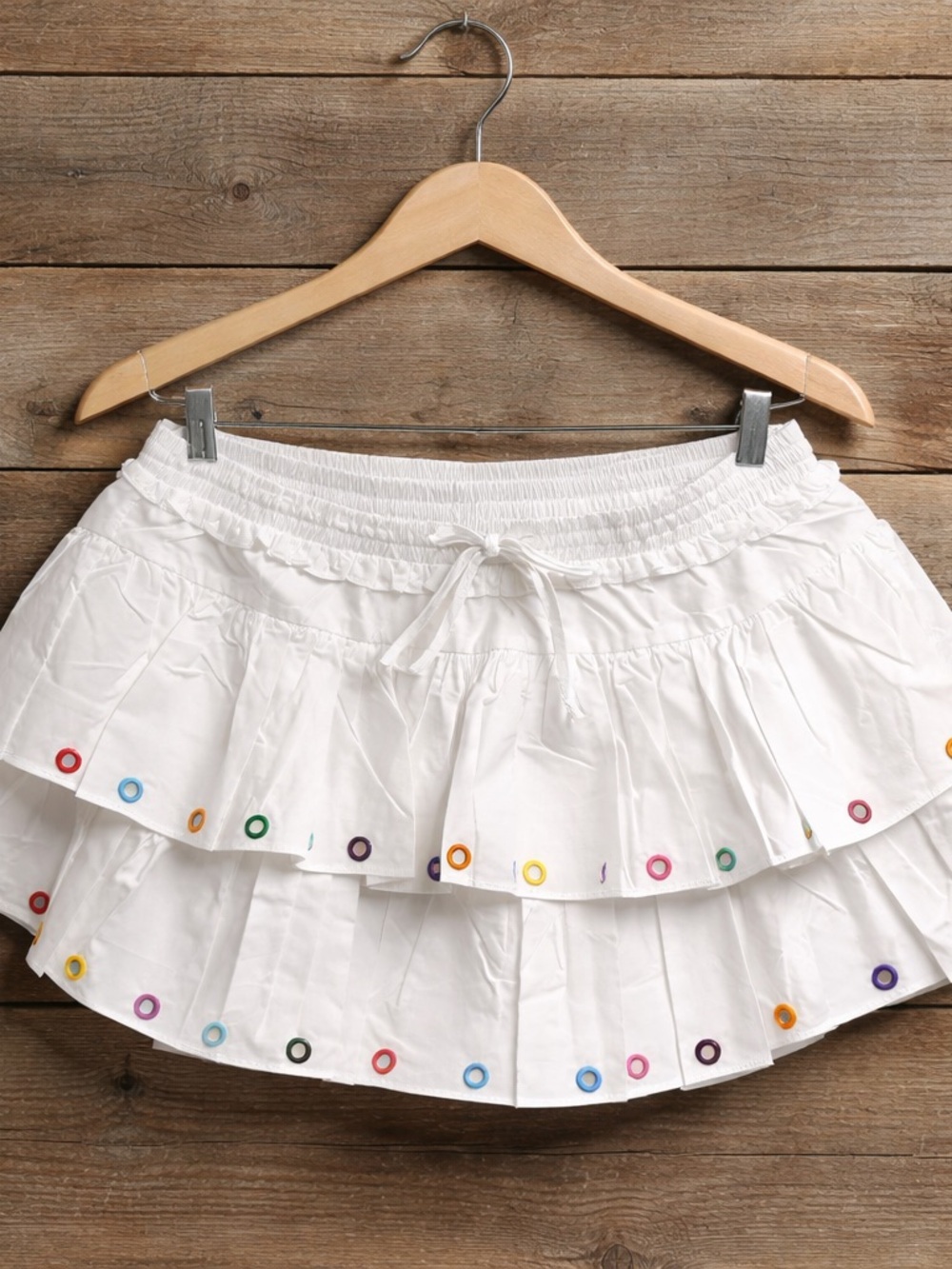 ELF White Tiered Mini Skirt skort shorts with Multicolor Eyelet Trim size large - Picture 3 of 8